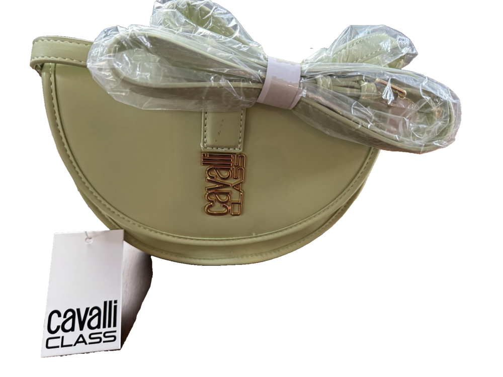 Cavalli Class Marina Saddle Flap Crossbody Bag Womens Leaf Green Gold Logo NWT